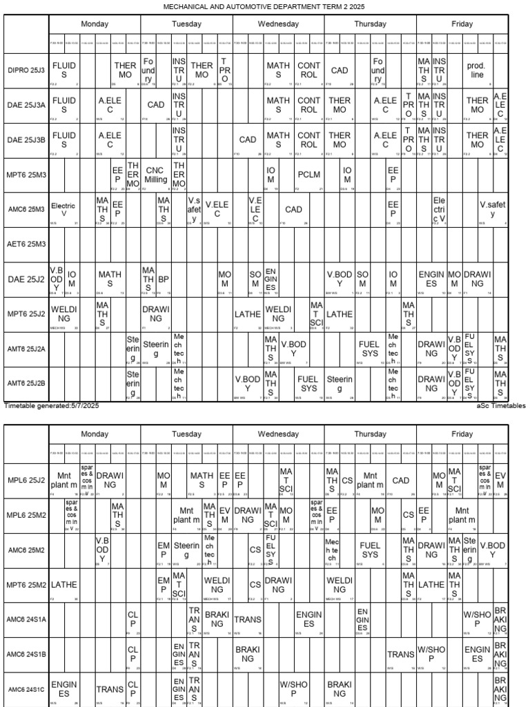 Mechanical and Automotive Timetable 2025 | PDF