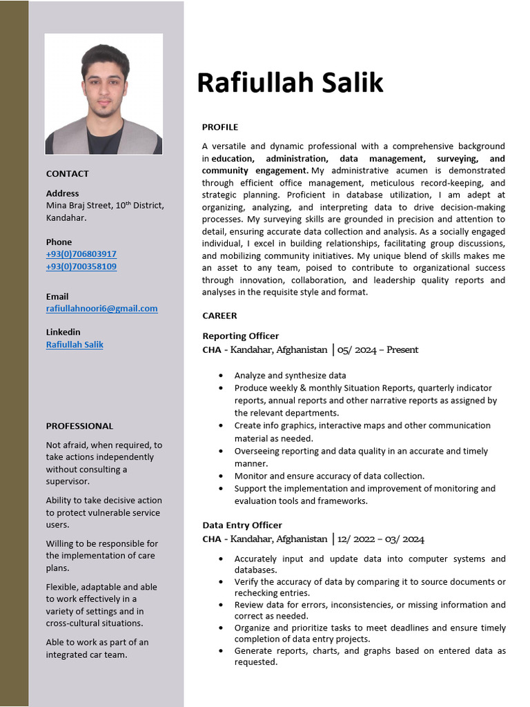 Rafiullah Salik: Professional Profile | PDF | Data | Surveying