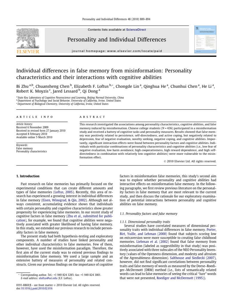 Personality and Individual Differences | PDF | Memory | Coping (Psychology)