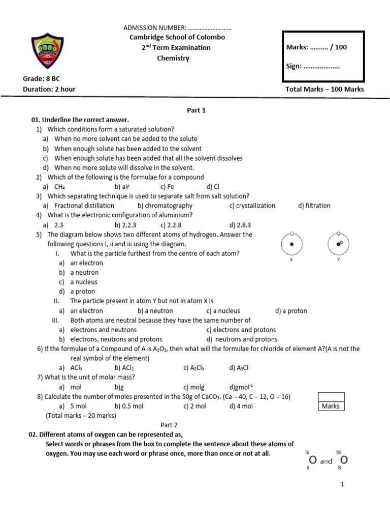 Grade 8 Chemistry Exam Paper | PDF | Chemical Compounds | Mole (Unit)
