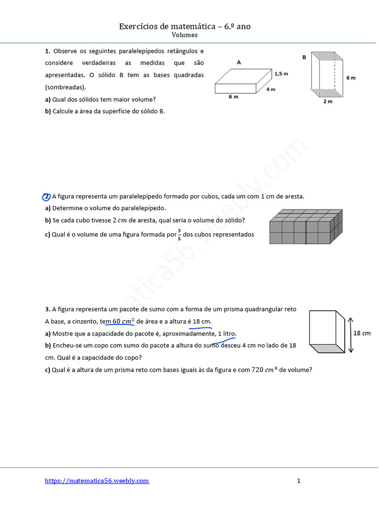 Exercícios de Volume - 6.º Ano | PDF