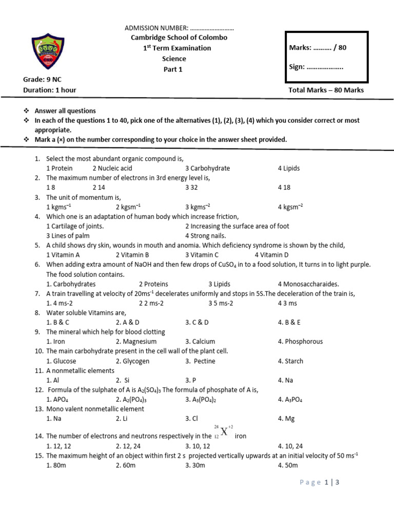 Grade 9 Science Exam Questions | PDF | Atoms | Force