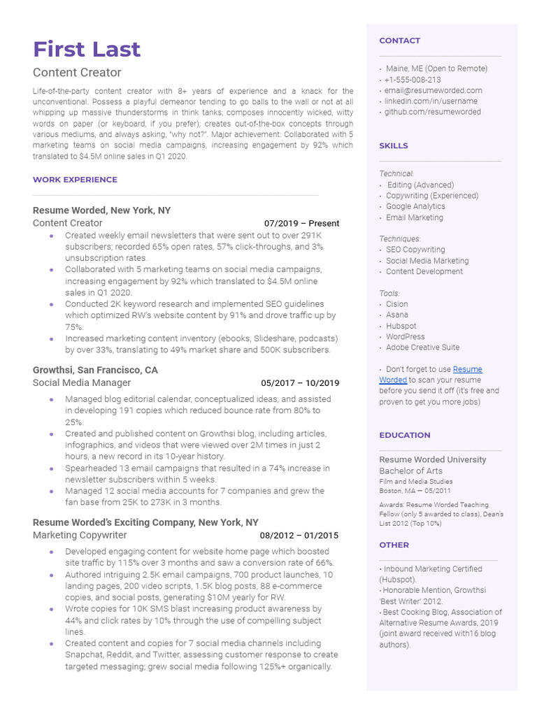 Experienced Content Creator Resume | PDF | World Wide Web | Internet & Web