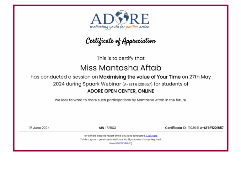 Adore Certificate Mantasha 1103041 | PDF