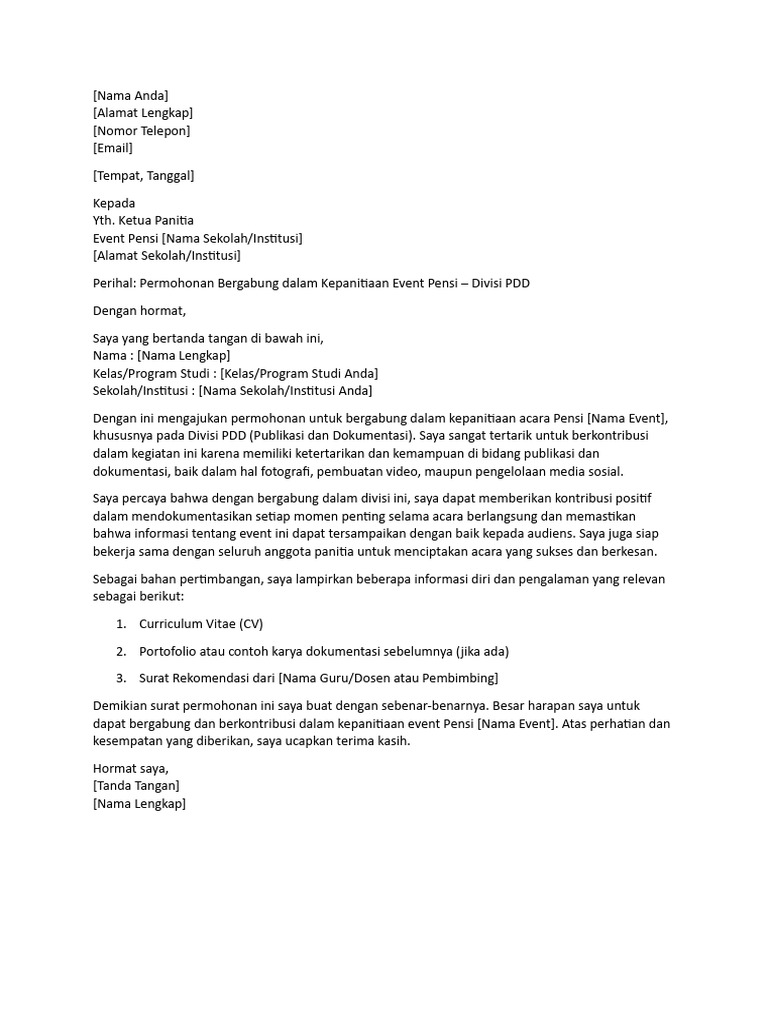 Contoh Surat Mengikuti Kepanitian Divisi PDD | PDF