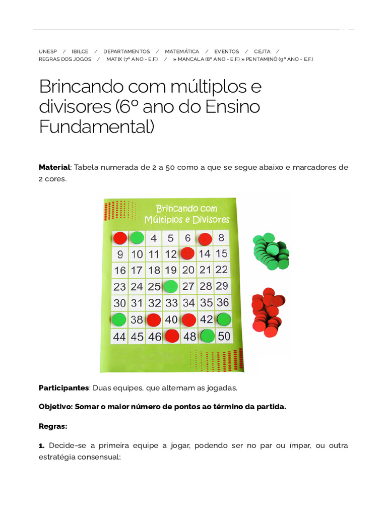 Jogos Matemáticos: Múltiplos e Divisores | PDF