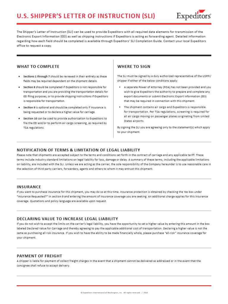 U.S. Shipper's Letter of Instruction | PDF | Cargo | Bill Of Lading