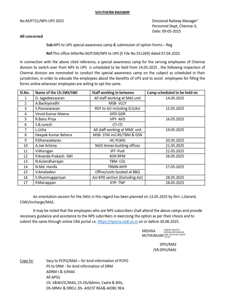 NPS to UPS Awareness Camp Schedule | PDF