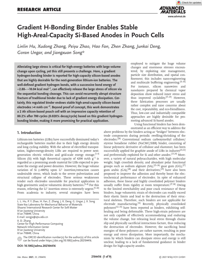 Advanced Materials - 2021 - Hu - Gradient H Bonding Binder Enables ...