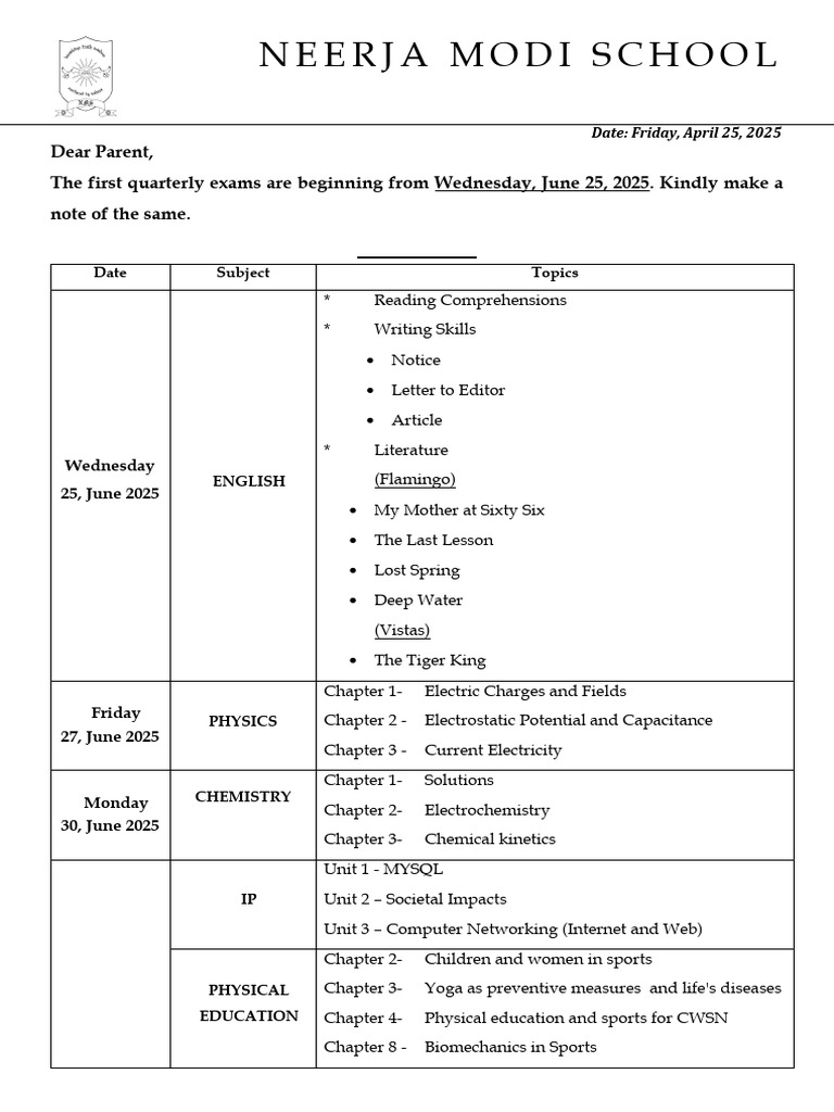 Grade XII Quarterly Exam Schedule 2025 | PDF