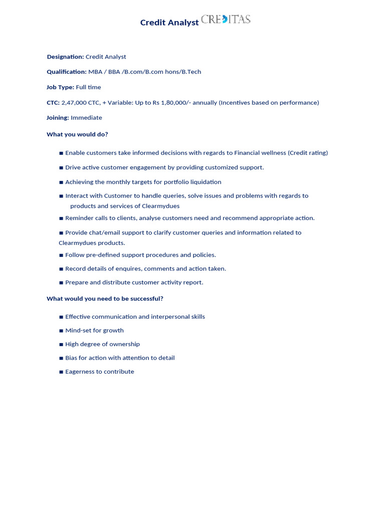 Credit Analyst Job Opportunity at Creditas | PDF