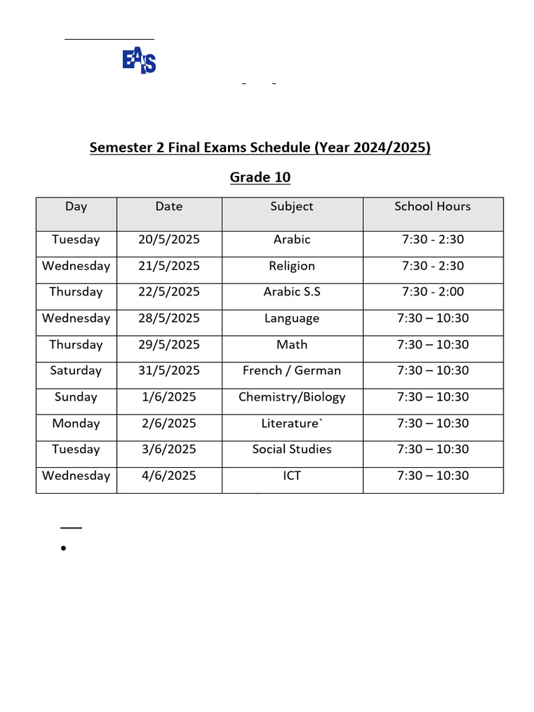 Final Exam Schedule 2025 - Grade 10 | PDF