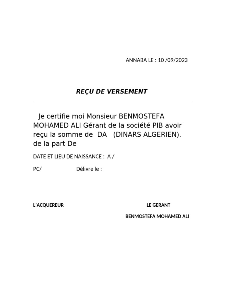 Reçu de Versement - PIB | PDF