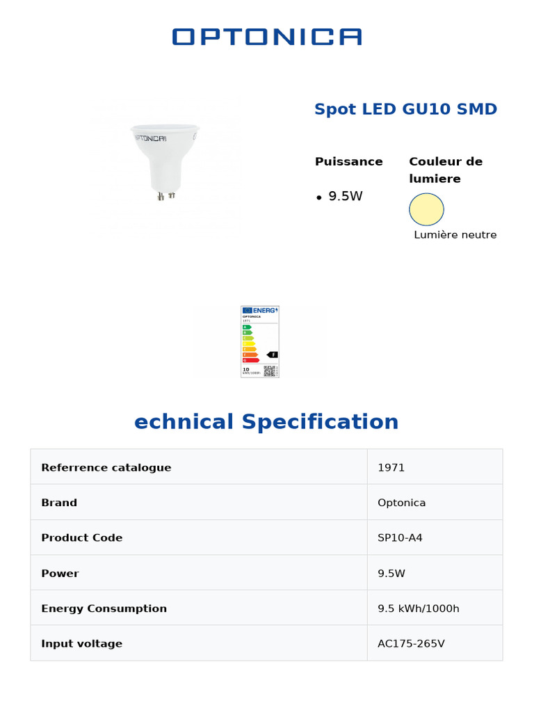 9.5W GU10 SMD LED Spot Light Specifications | PDF