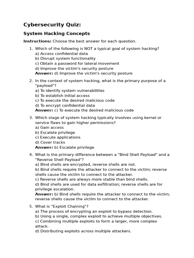 Cybersecurity Quiz on System Hacking Concepts | PDF | Malware ...