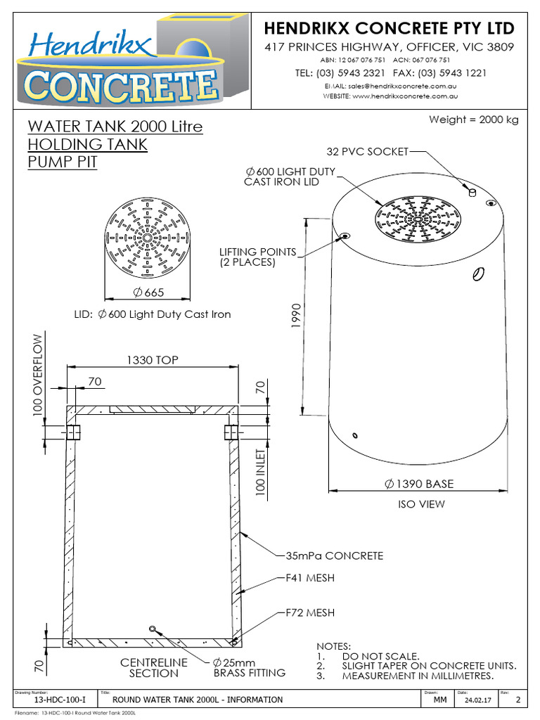 2000 Litre Water Tank Specifications PDF