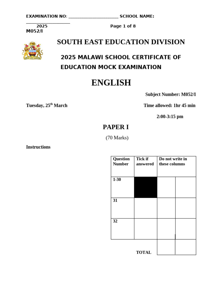 2025 Seed English Paper I Mock Pdf Adverb Adjective