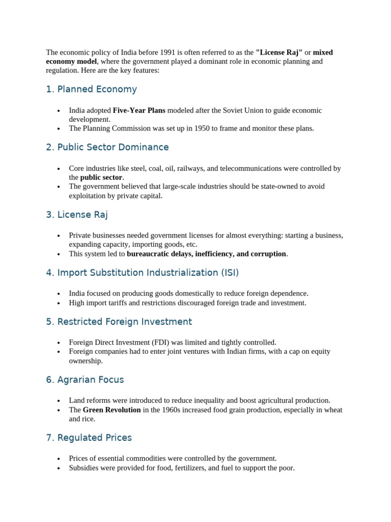 India's Economic Policy Pre-1991 Overview | PDF | Fiscal Policy ...