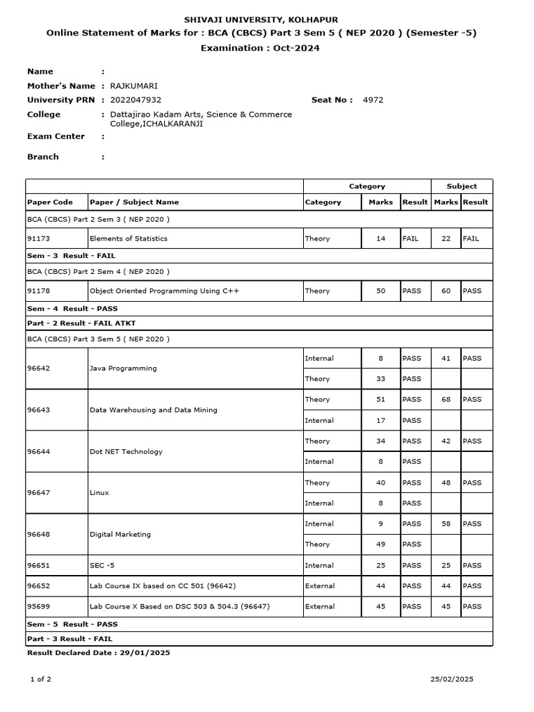 BCA Sem 5 Marks Statement - Shivaji University | PDF | Information ...