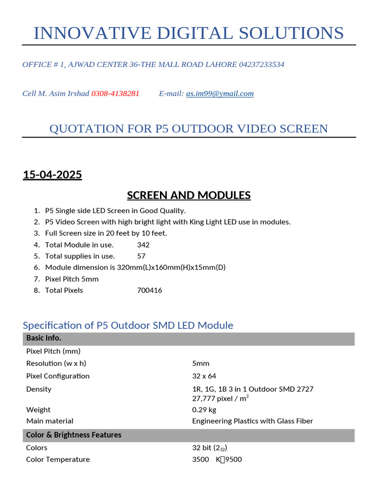 p5 Outdoor Video Screen. 20 by 10 | PDF | Computer Graphics | Display ...