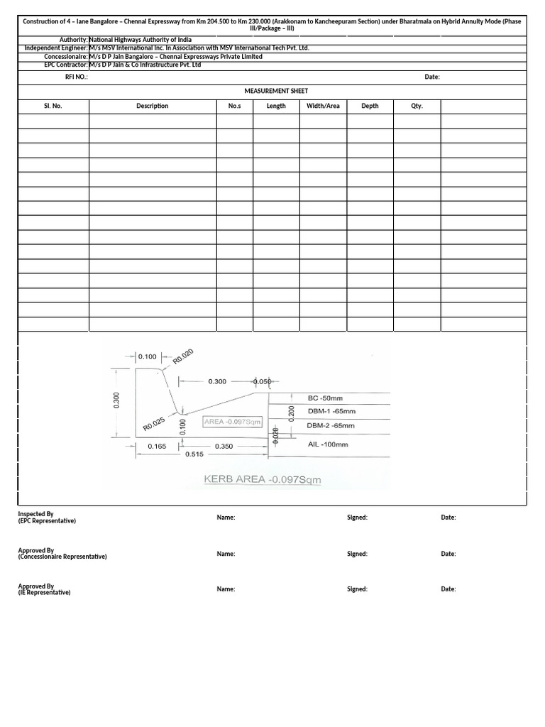 Bangalore-Chennai Expressway Measurement Sheet | PDF