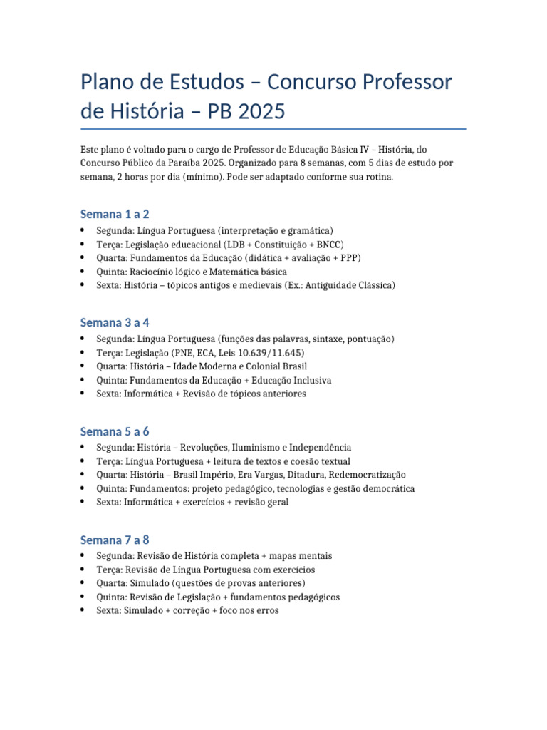 Plano de Estudos para Professor de História 2025 | PDF
