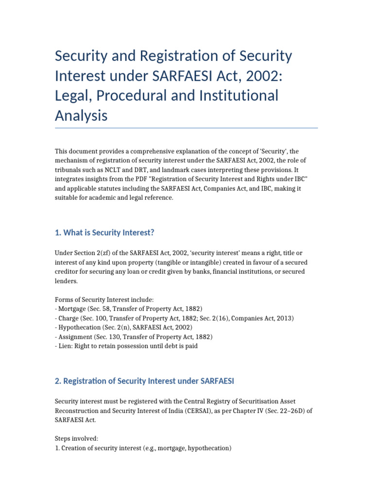 Security Interest Registration under SARFAESI | PDF | Security Interest ...