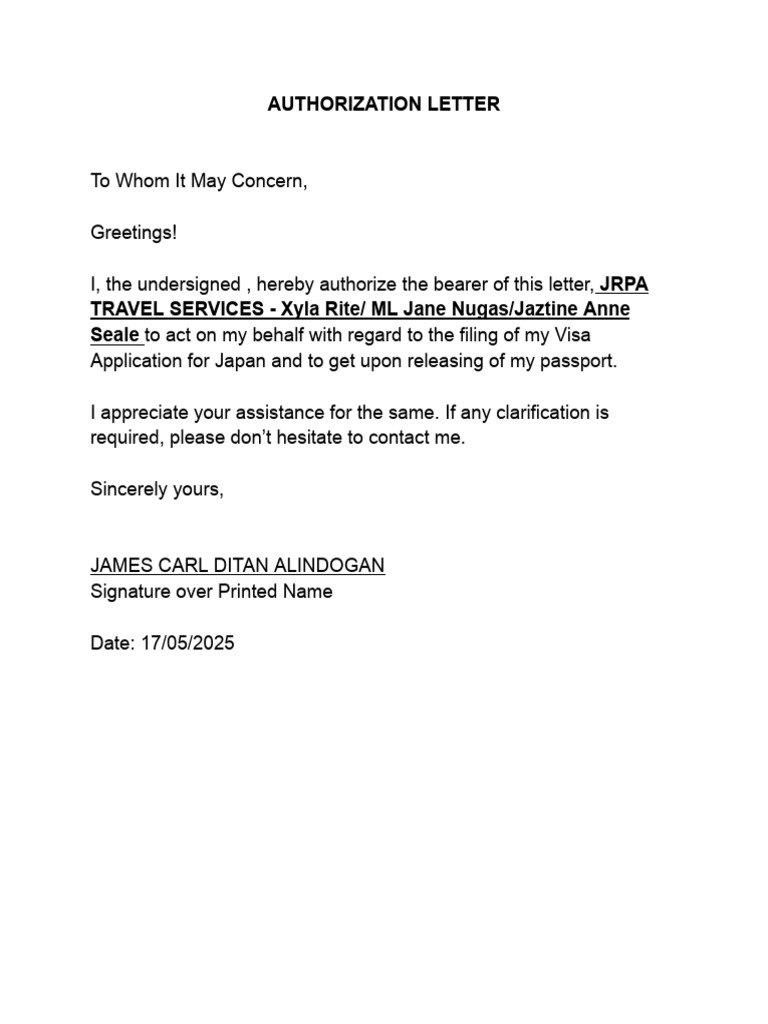 Japan Visa Authorization Letter | PDF