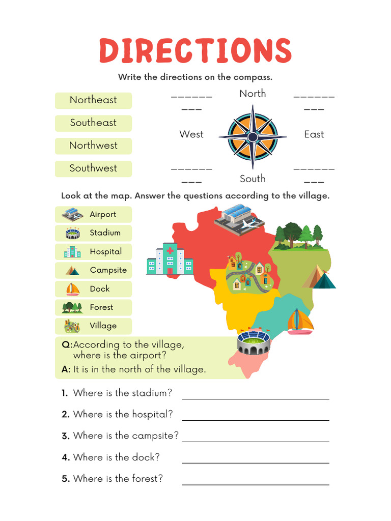 Directions Reading A Map English Worksheet in Illustrative Style | PDF