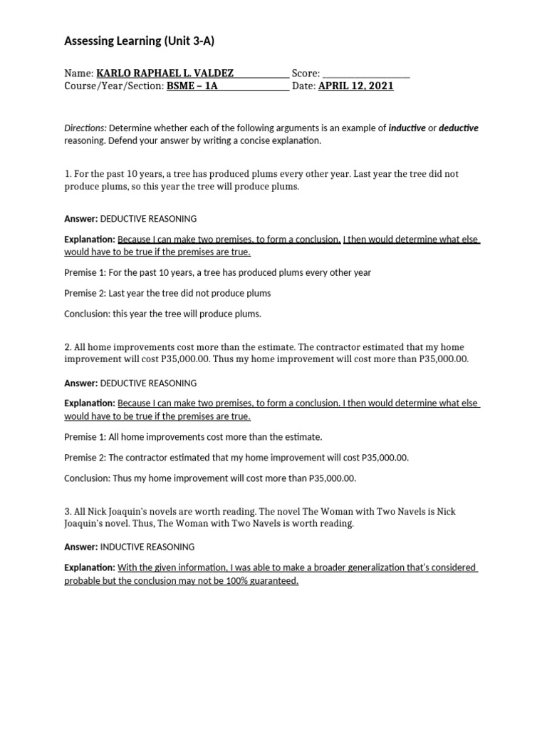 Valdez BSME1A Assessing Learning 3A | PDF