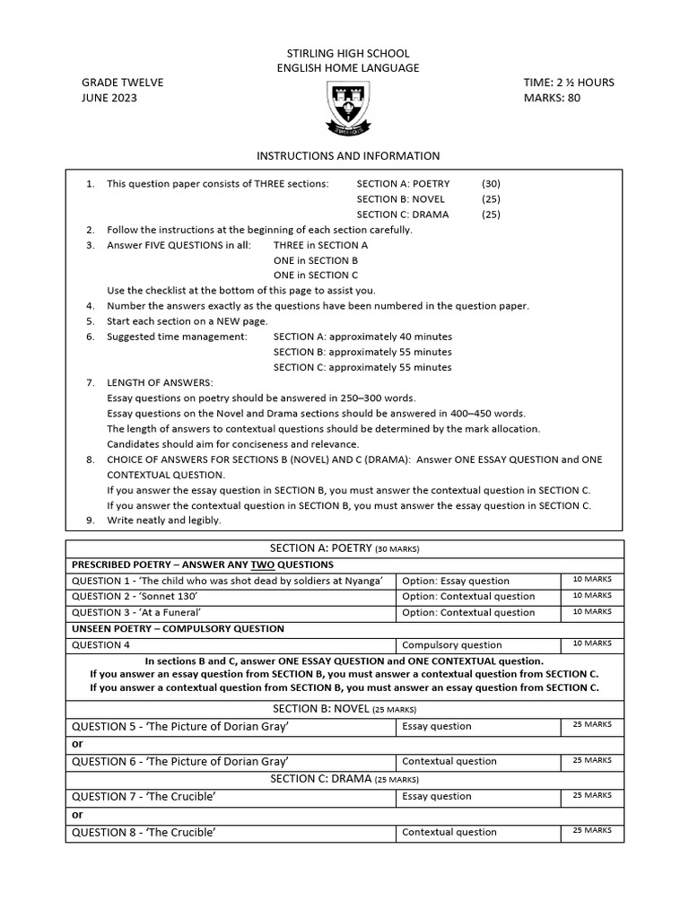 Grade 12 English Exam: Poetry, Novel, Drama | PDF