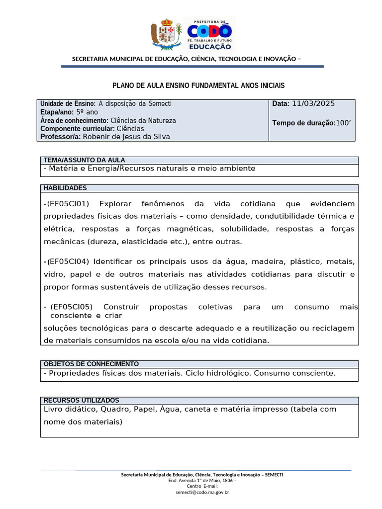 Plano de Aula: Ciências 5º Ano SEMECTI | PDF | Science