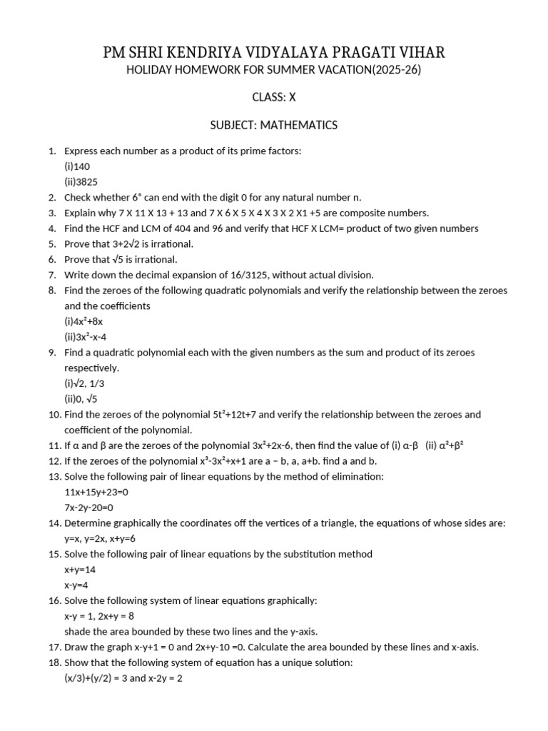 Maths Holiday Homework X | PDF | Polynomial | Numbers