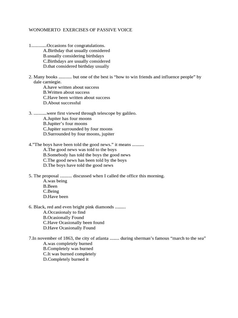 Wonomerto Exercises of Passive Voice | PDF