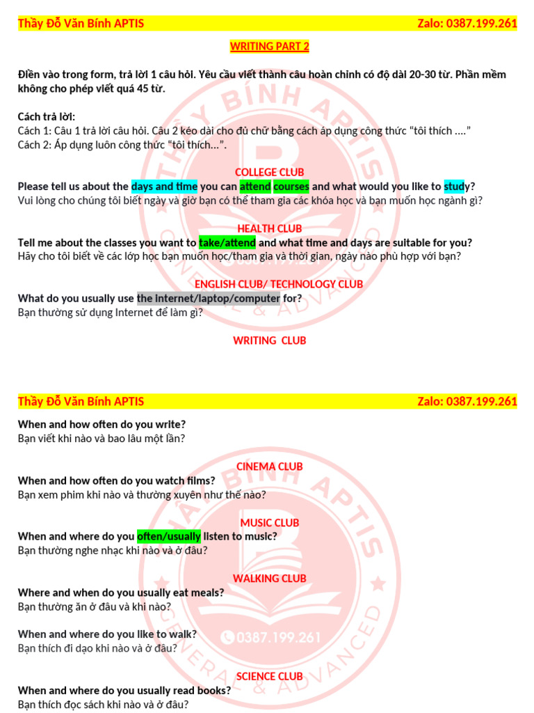 WRITING PART 2 ĐỀ BÀI | PDF