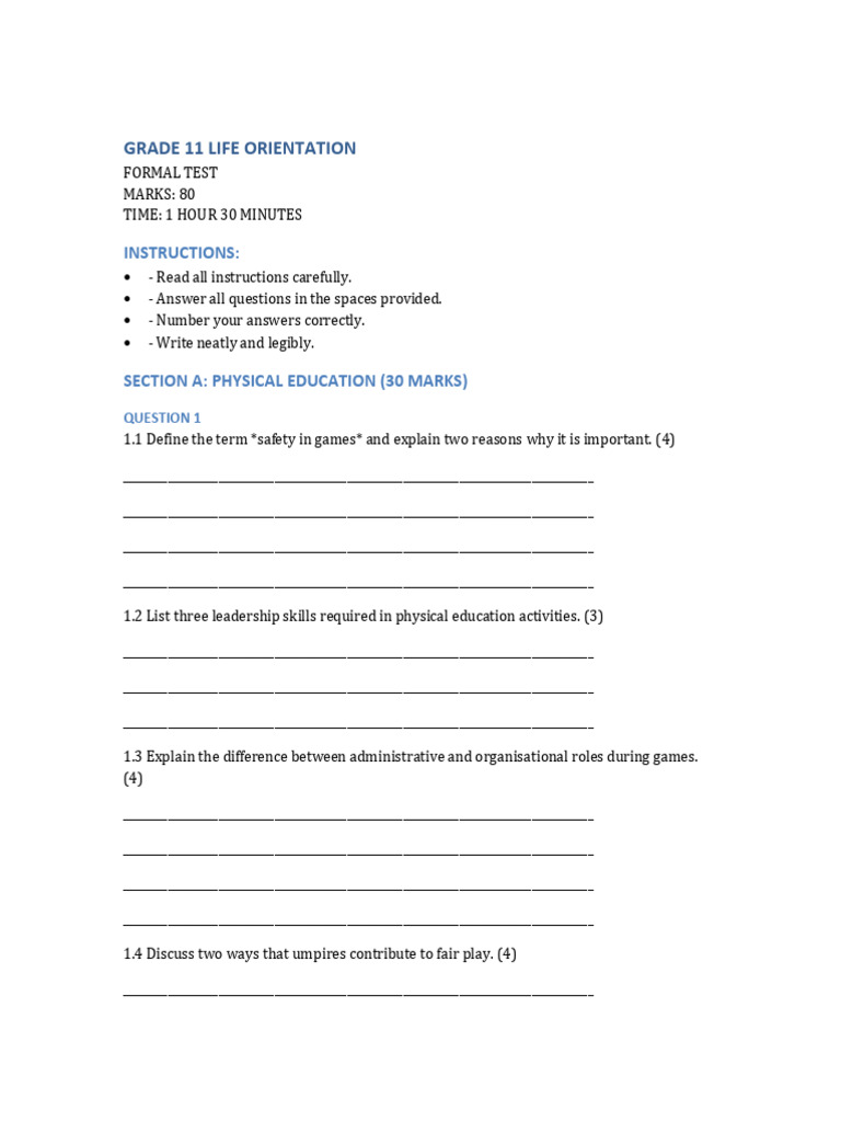 Grade 11 LO June Test With Answer Space | PDF | Leadership | Cognition
