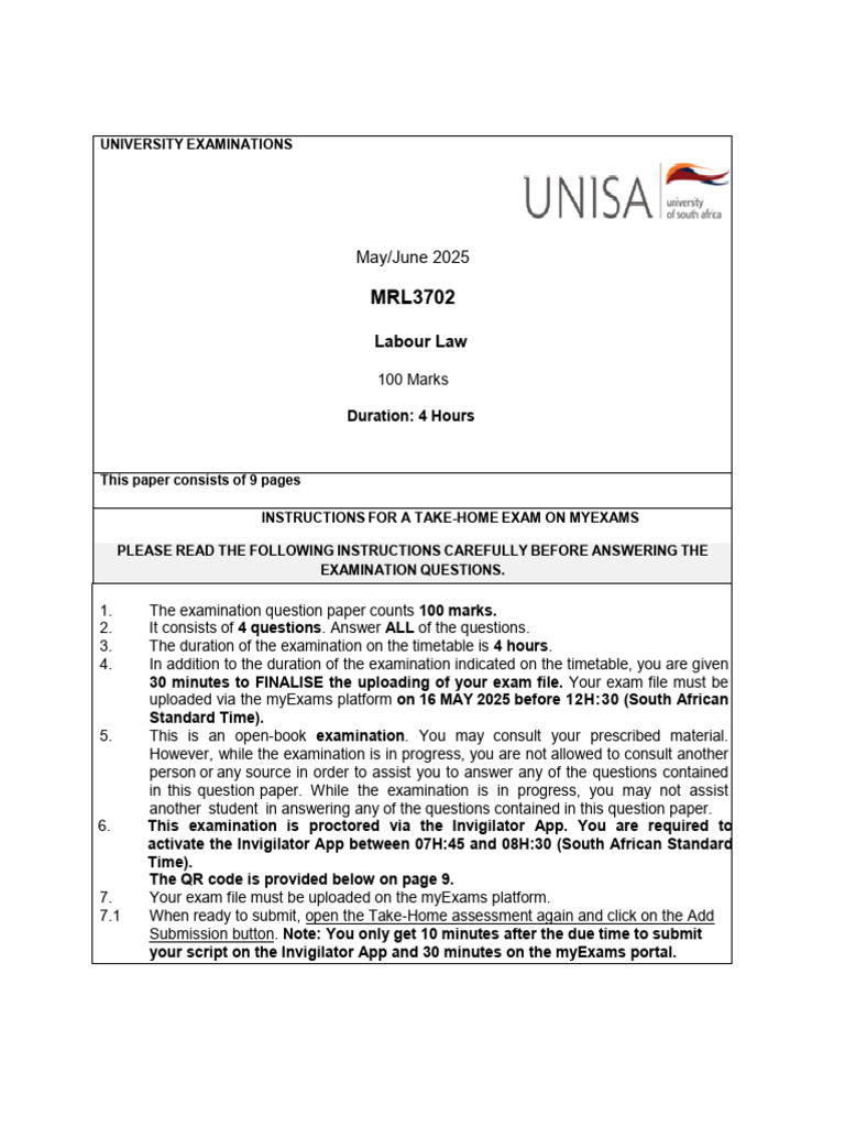MRL3702 Labour Law Exam Instructions | PDF | Plagiarism