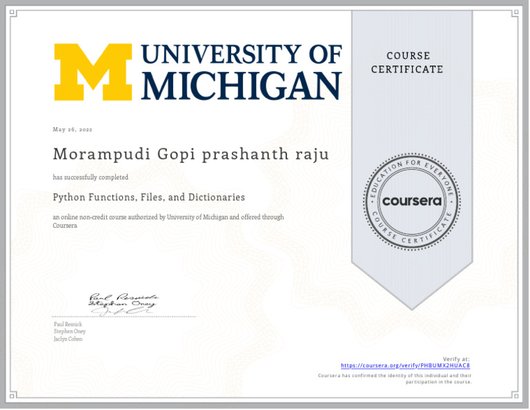 Python Functions Course Completion Certificate | PDF