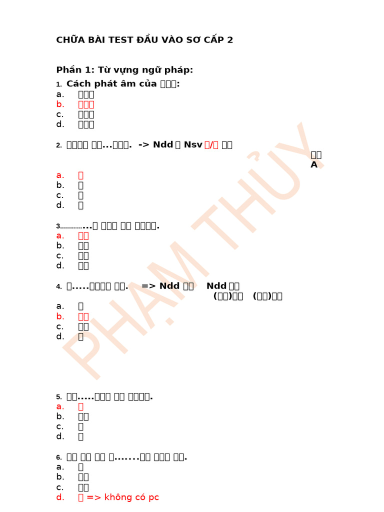 Chữa Bài Test Đầu Vào Sơ Cấp 2 | PDF