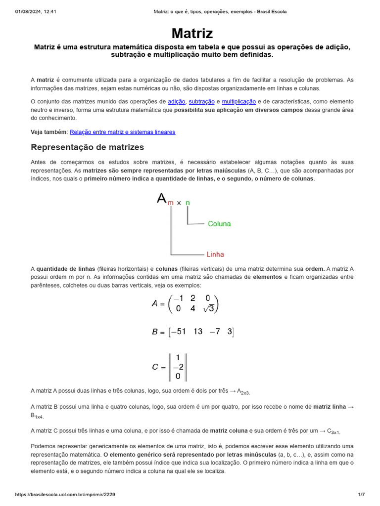 O que é Matriz: Definições e Exemplos | PDF | Matriz (Matemática ...