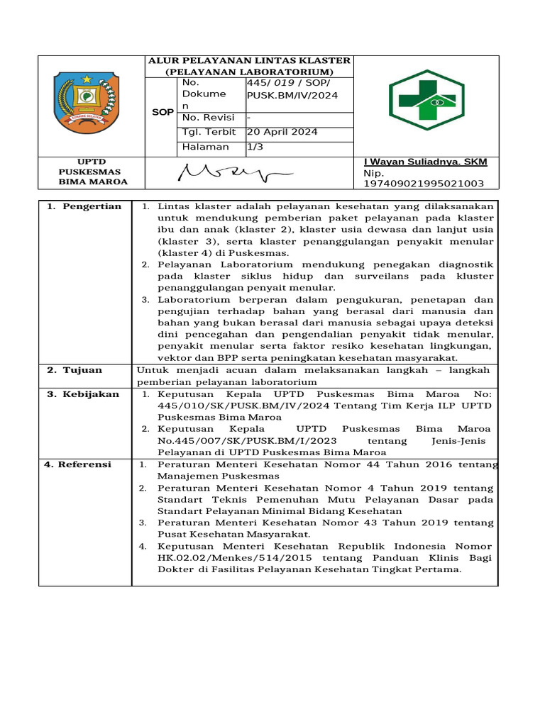 SOP Pelayanan Laboratorium Lintas Klaster | PDF