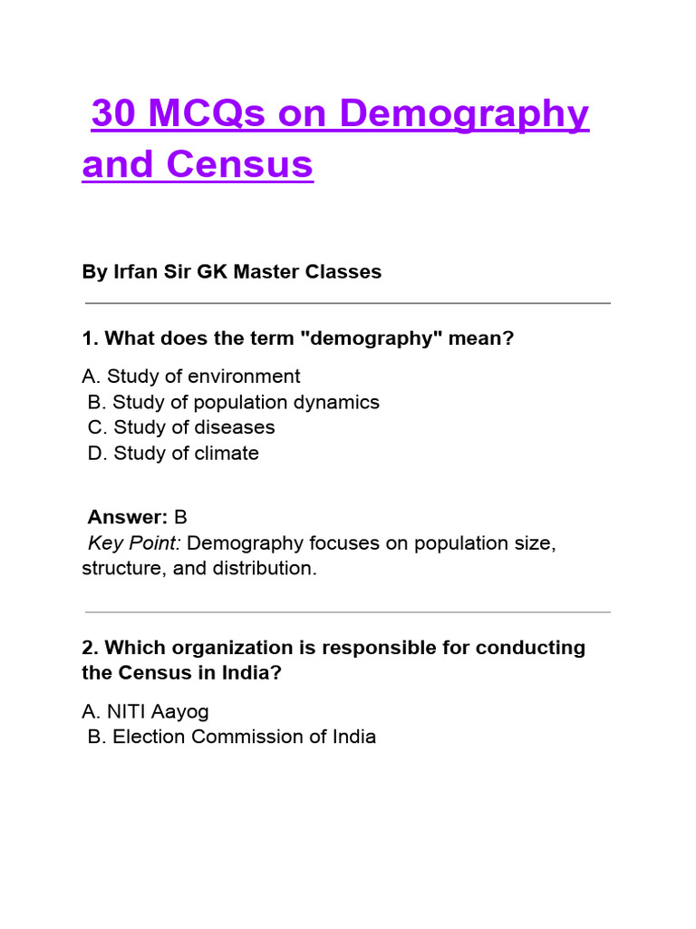 30 MCQs on Demography & Census | PDF | Demography | Total Fertility Rate