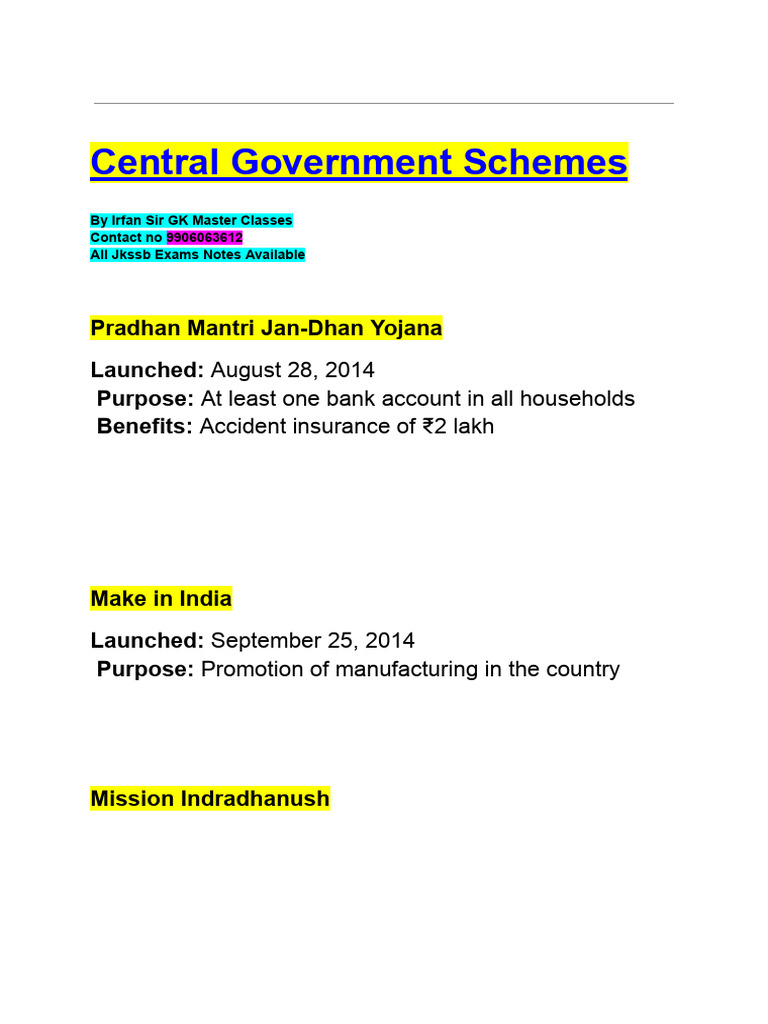 Central Government Schemes Overview | PDF | Government Of India ...