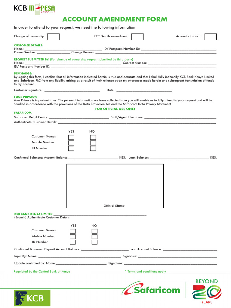 KCB Bank Account Change Form | PDF