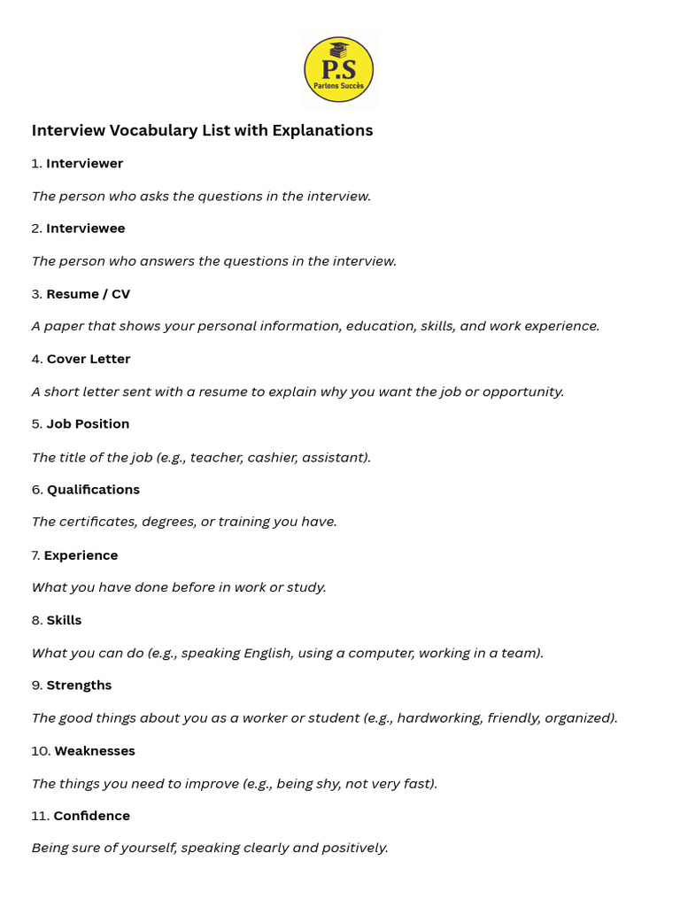 Essential Interview Vocabulary List | PDF