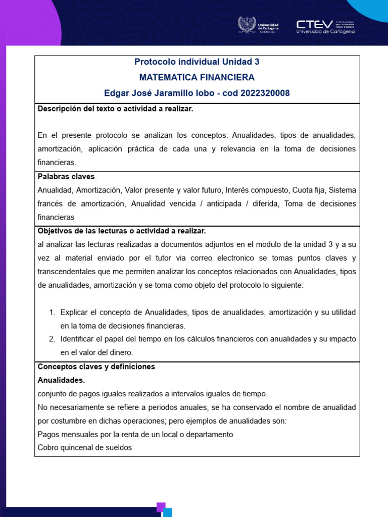 Protcl. Ind Unidad 3 Matematica Financiera | PDF | Economias
