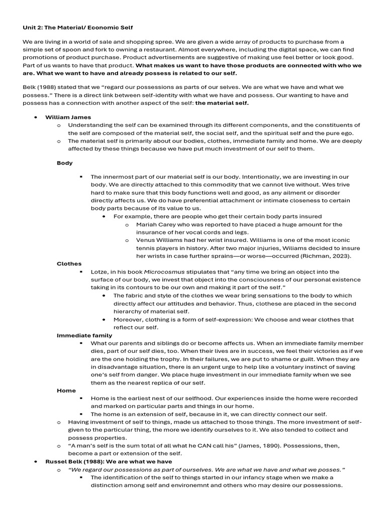 Unit 2 The MaterialEconomic Self | PDF | Self | Goal