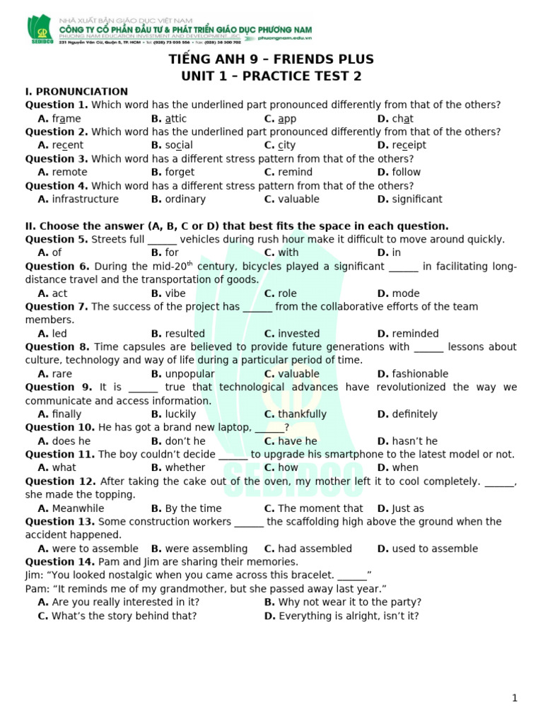 TA 9 Friends Plus Unit 1 Practice Test 2 (2025 Format) | PDF ...