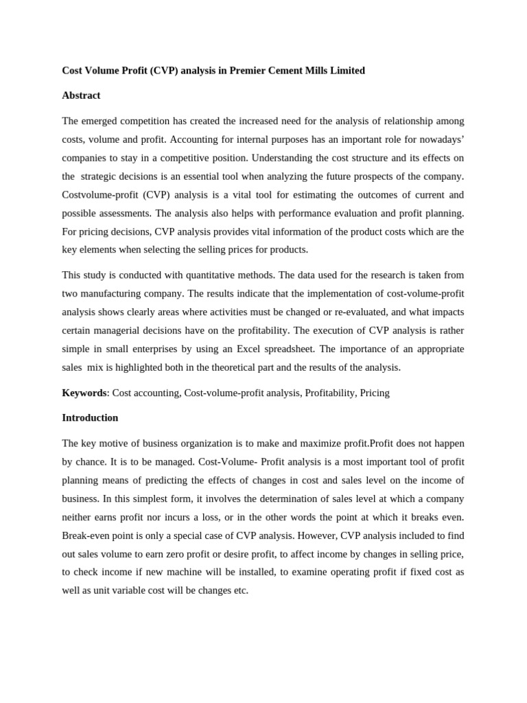 Cost Volume Profit (CVP) Analysis in Premier Cement Mills Limited | PDF ...