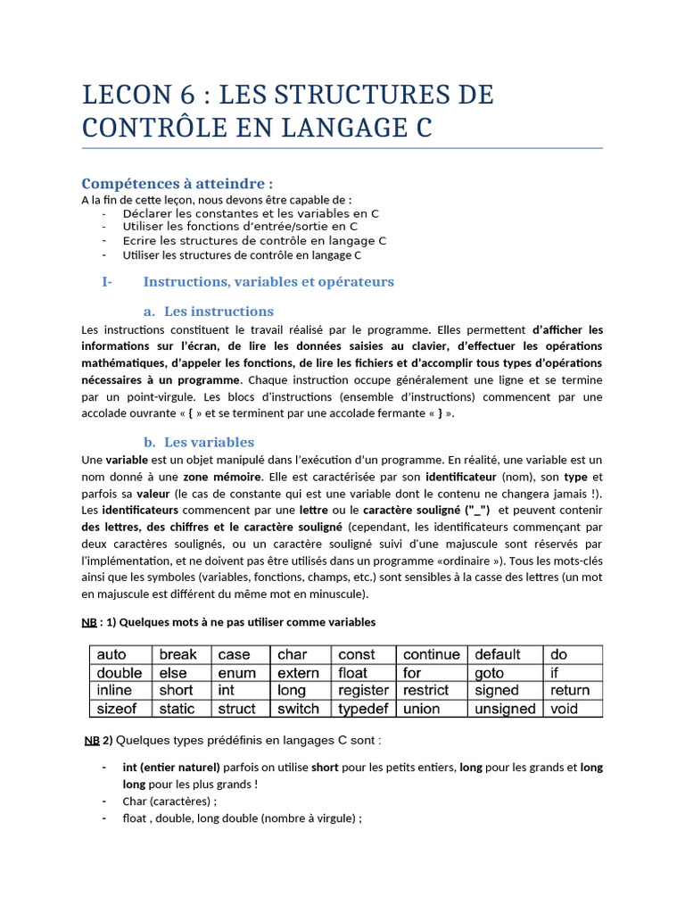 Structures de contrôle en C | PDF | Variable (informatique) | C ...